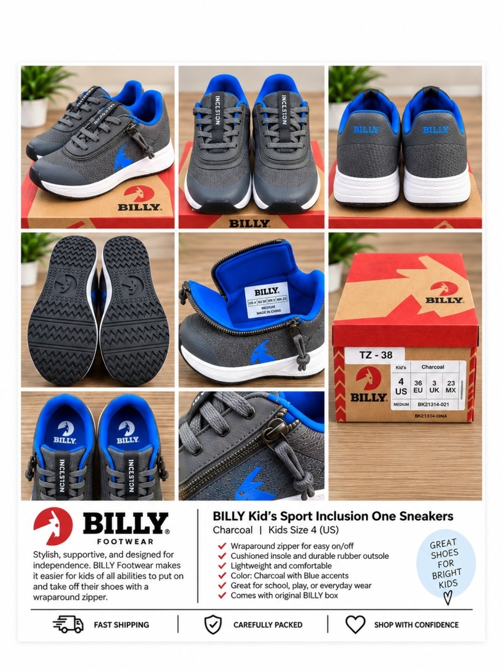 BILLY Footwear Sport Inclusion One Kids Sneakers Charcoal/Blue Size 4